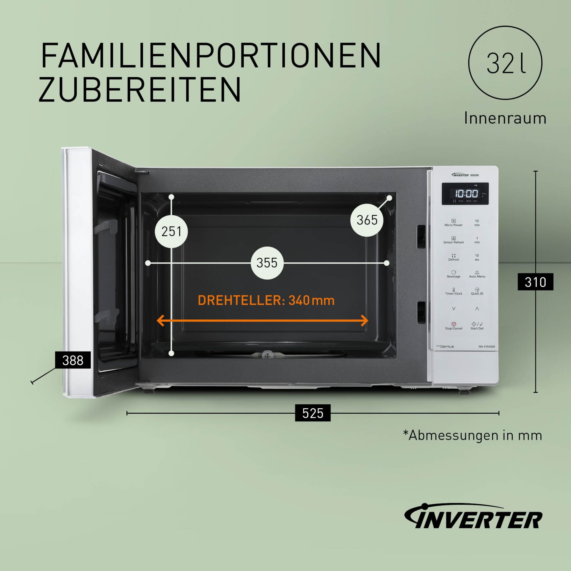 Mikrowelle, Inhalt 32l, Drehspitze 340mm, Innenraum, Abmessungen