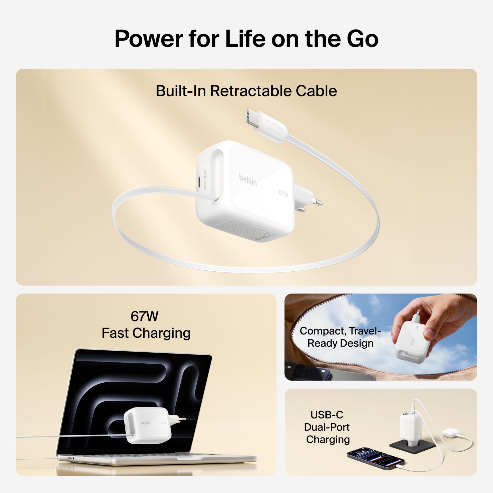 Built-In Retractable Cable, 67W Fast Charging, USB-C Dual-Port, Kompaktes Reise-Design, Laptop-Ladegerät