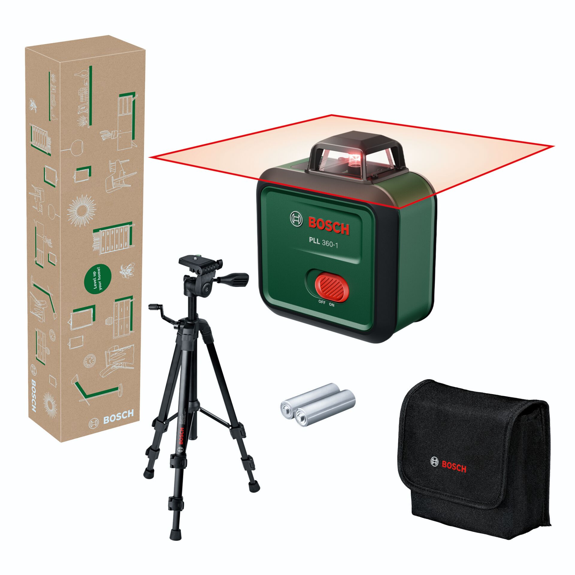 Level, Laser, Stativ, Batterien, Tragetasche