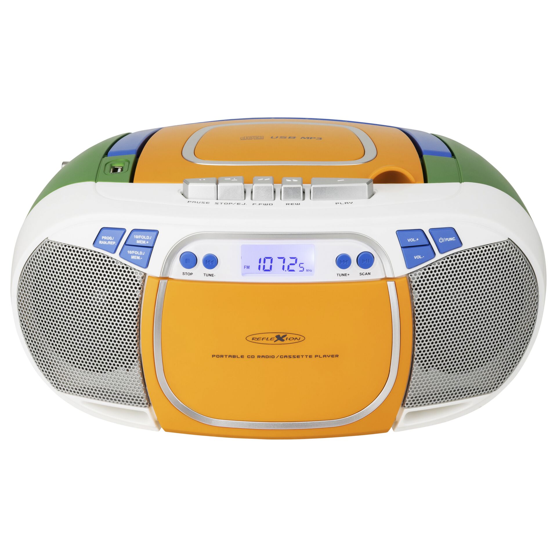 tragbare Radio, CD-Player, orange Gelb, blaue Knöpfe, Stereo