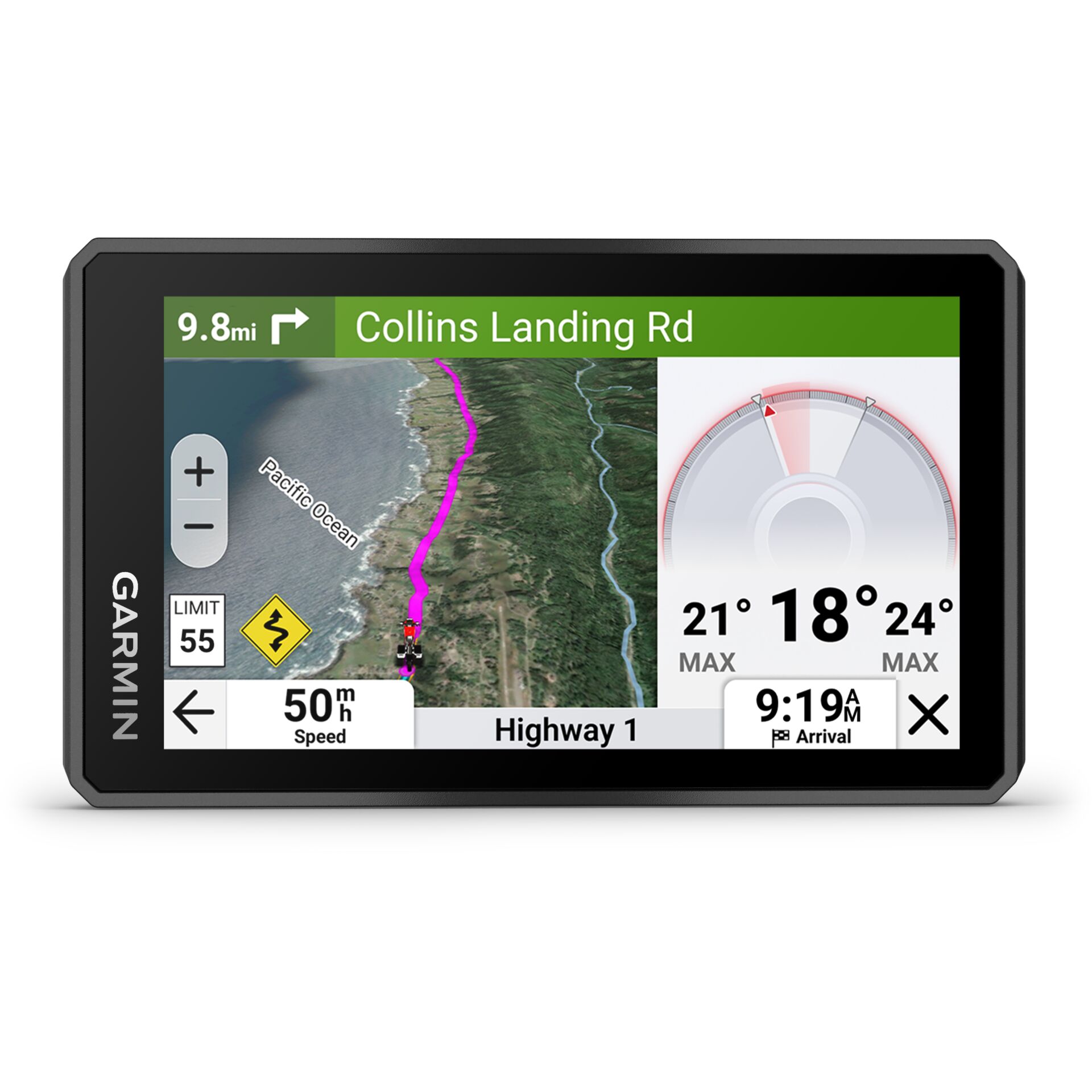 GPS navigator, Gerät von Garmin, Kartendarstellung, Straßennavigation, Geschwindigkeitsbegrenzung 55