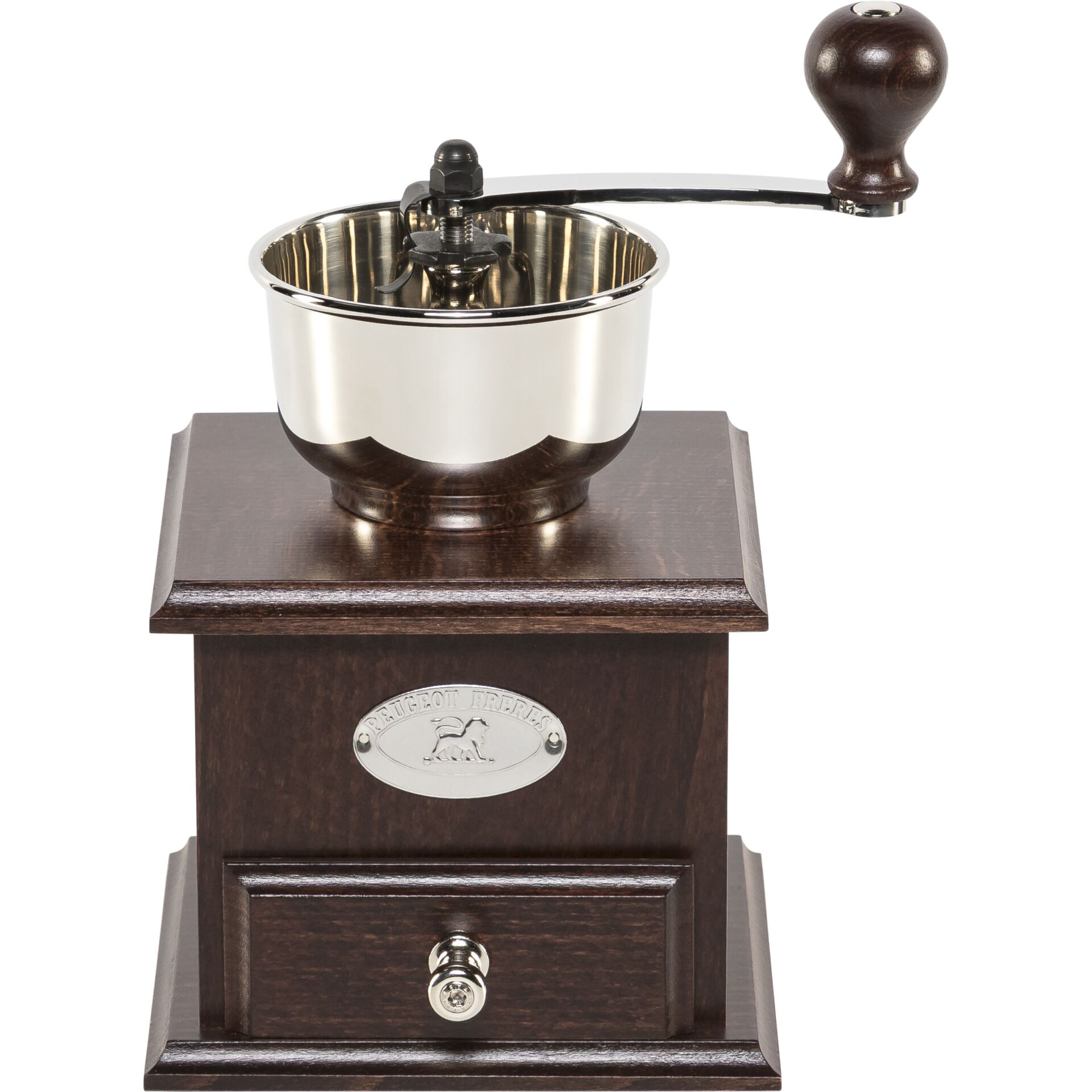 hand grinder, manueller grinder, holzbasis, metallbehälter, kurbelgriff