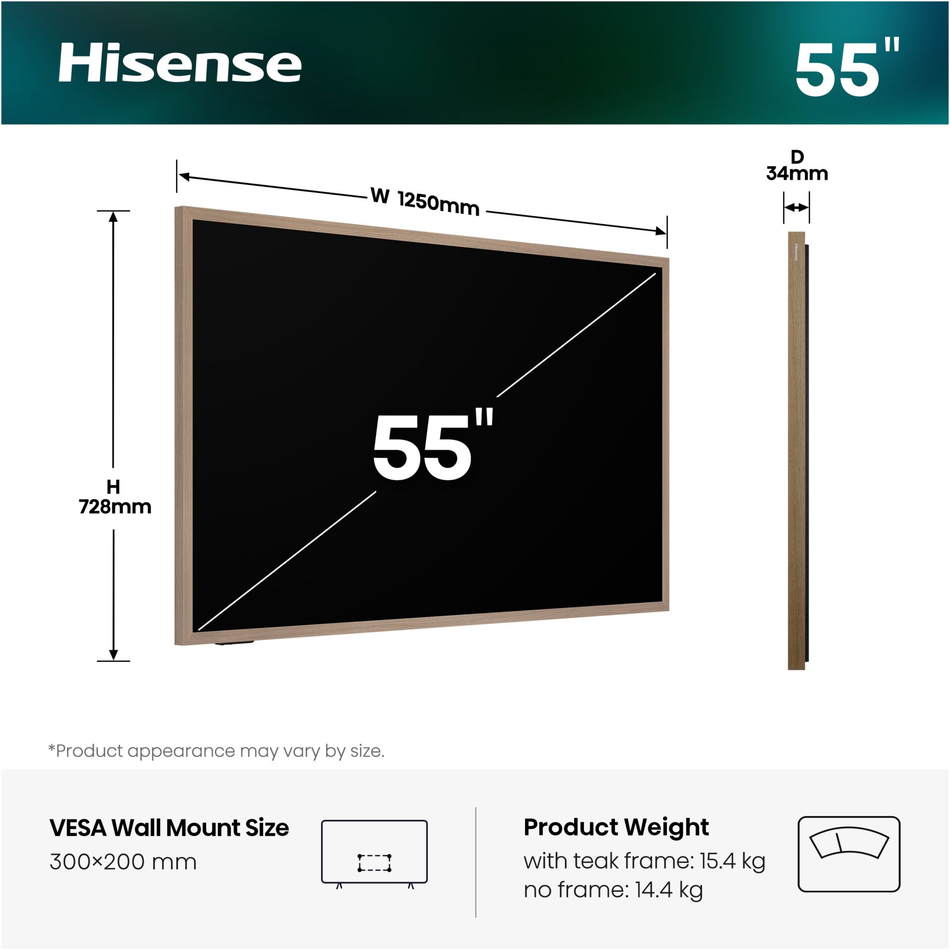 55 Zoll, LED-Anzeige, Wandmontage, Teakrahmen, Abmessungen 1250x728mm