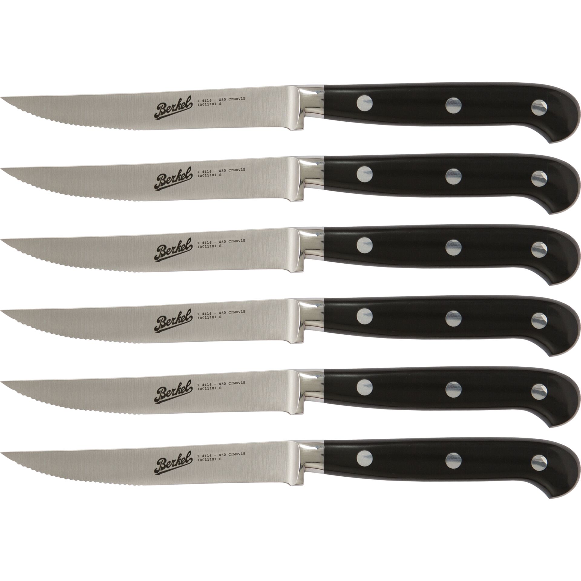 Messerset, Edelstahl, Zackenmesser, schwarzer Griff, sechs Teile