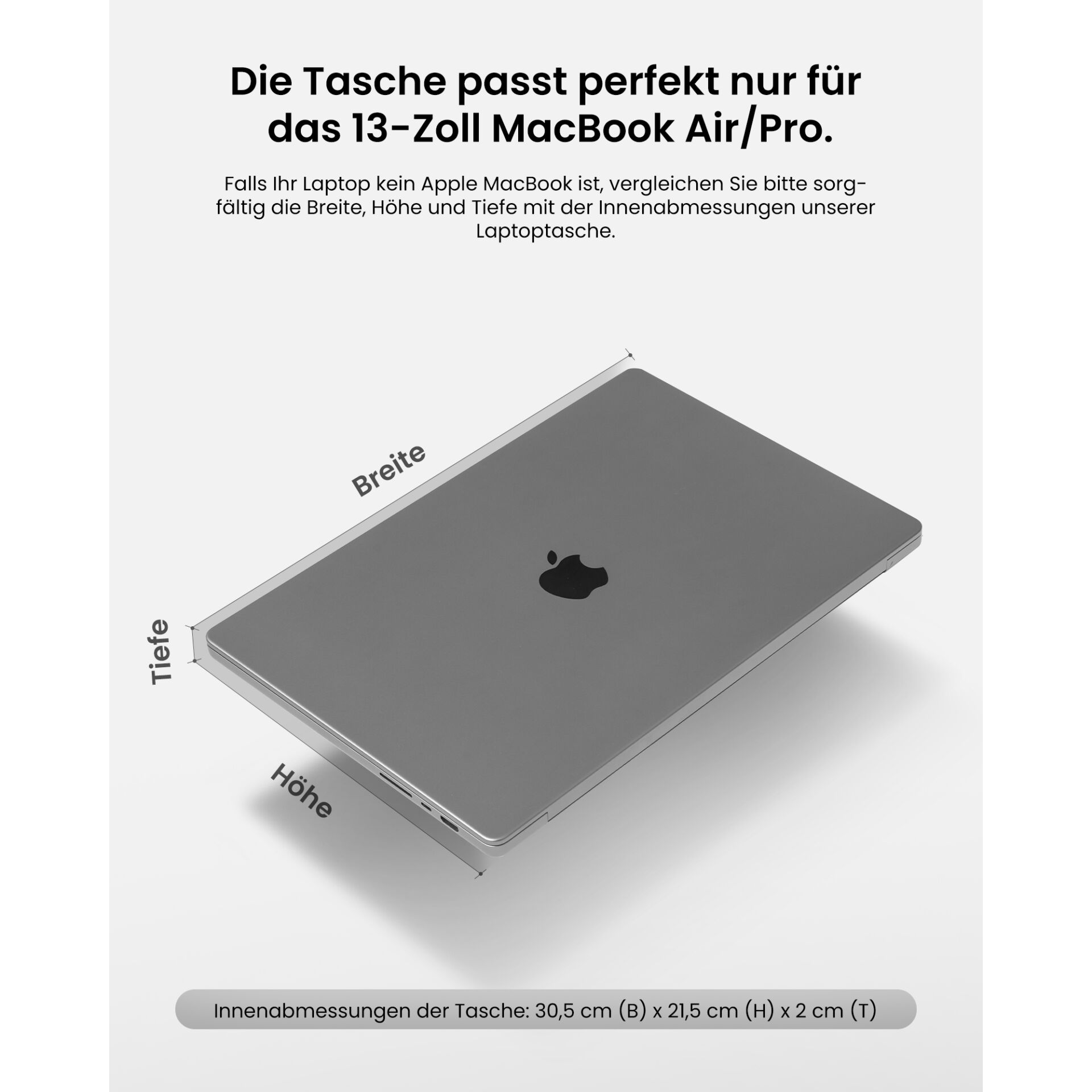 Laptoptasche, MacBook, Schutzhülle, Graue Tasche, Innendimensionen