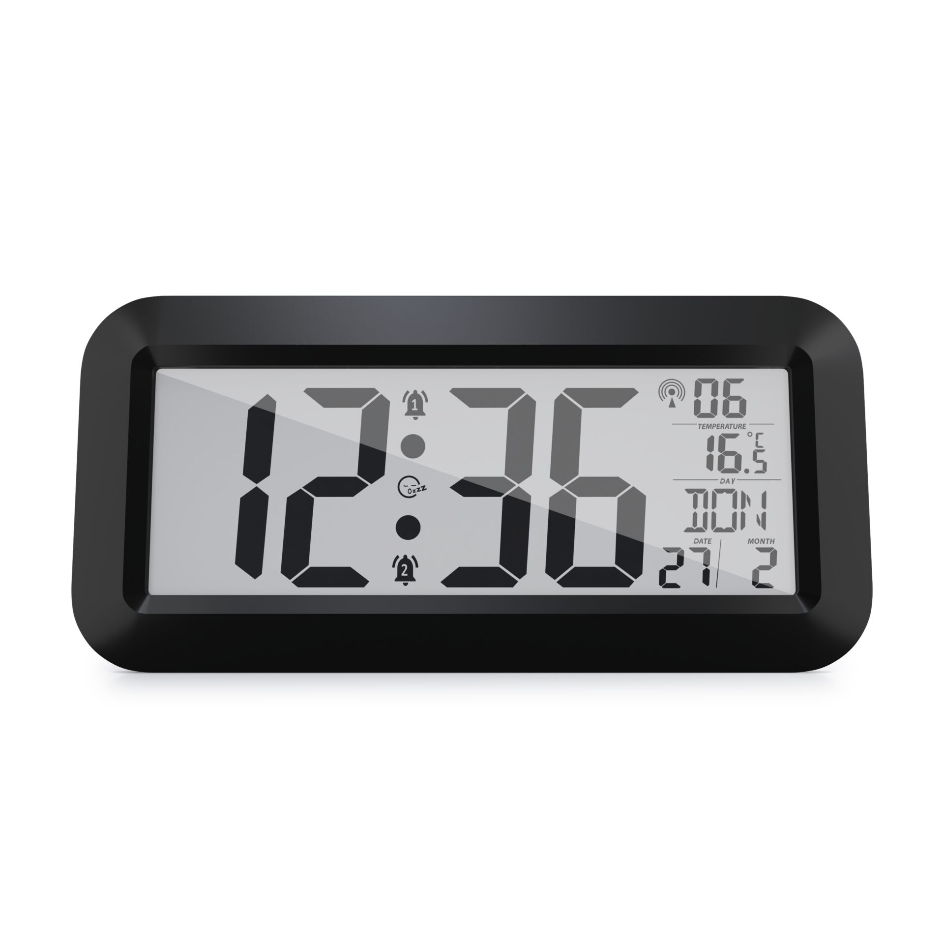 Digital display, Alarm clock, Black frame, LCD screen, Time display