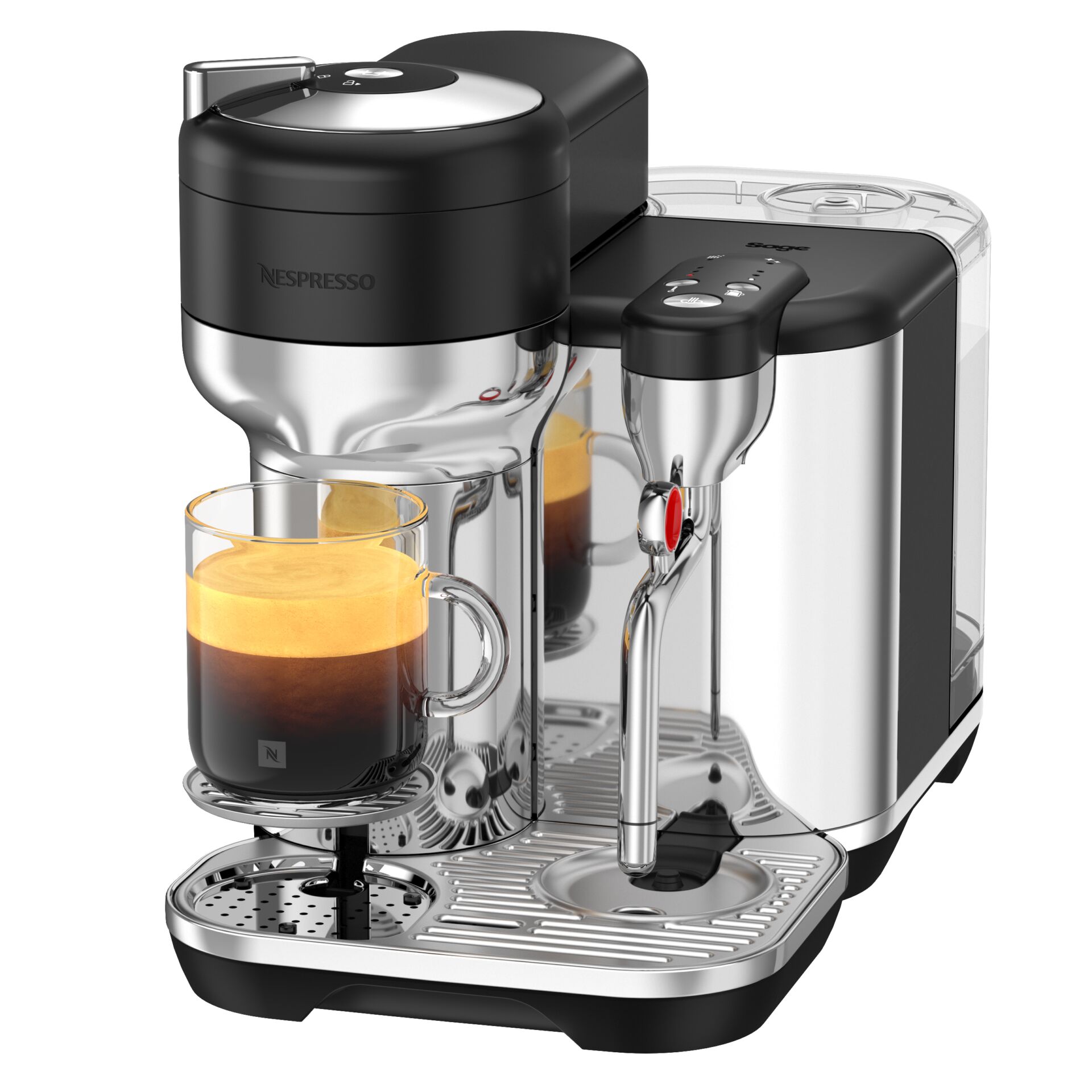 Kaffeemaschine, Espressomaschine, Brühsystem, Kaffeeauslauf, Edelstahl, Espressomaschine, Kaffeemaschine, Kaffeemaschine mit Mahlwerk, Glasbecher, Stahlgehäuse