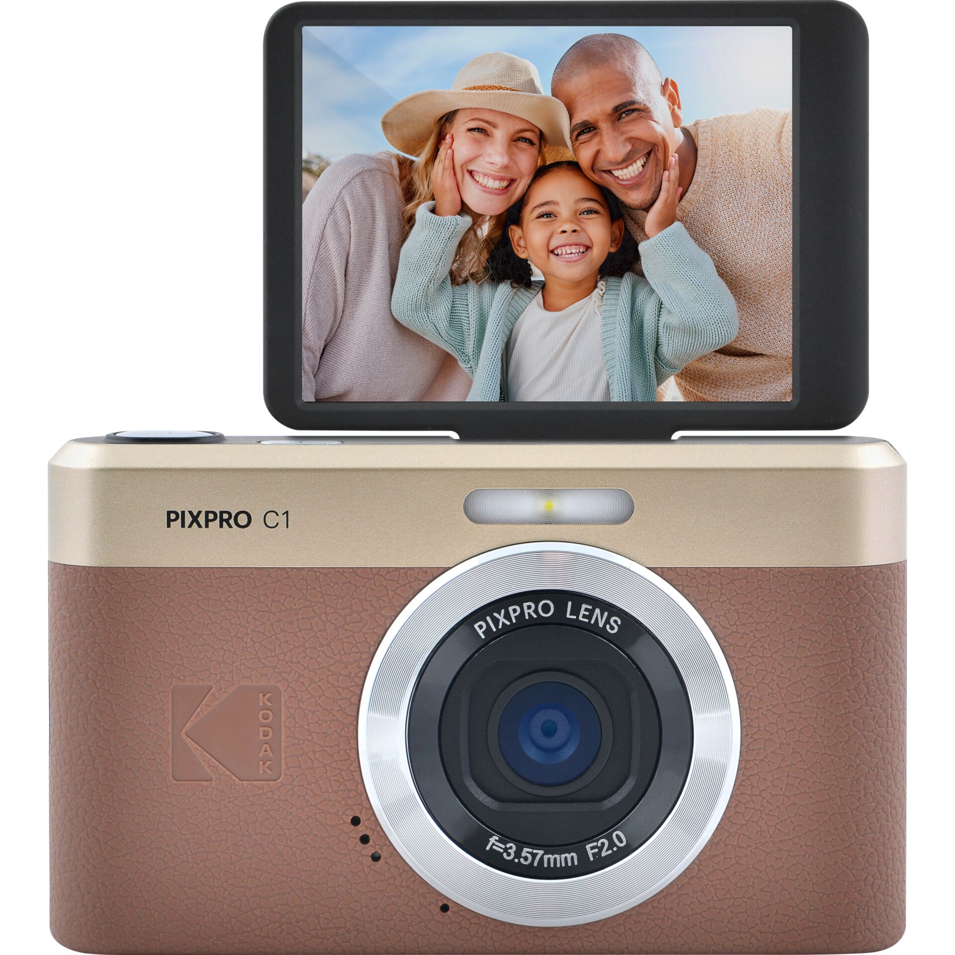 Polaroid-ähnliche Kamera, Sofortbildkamera, Braune Ledertextur, Kodak sichtbar, Objektiv mit Metallring