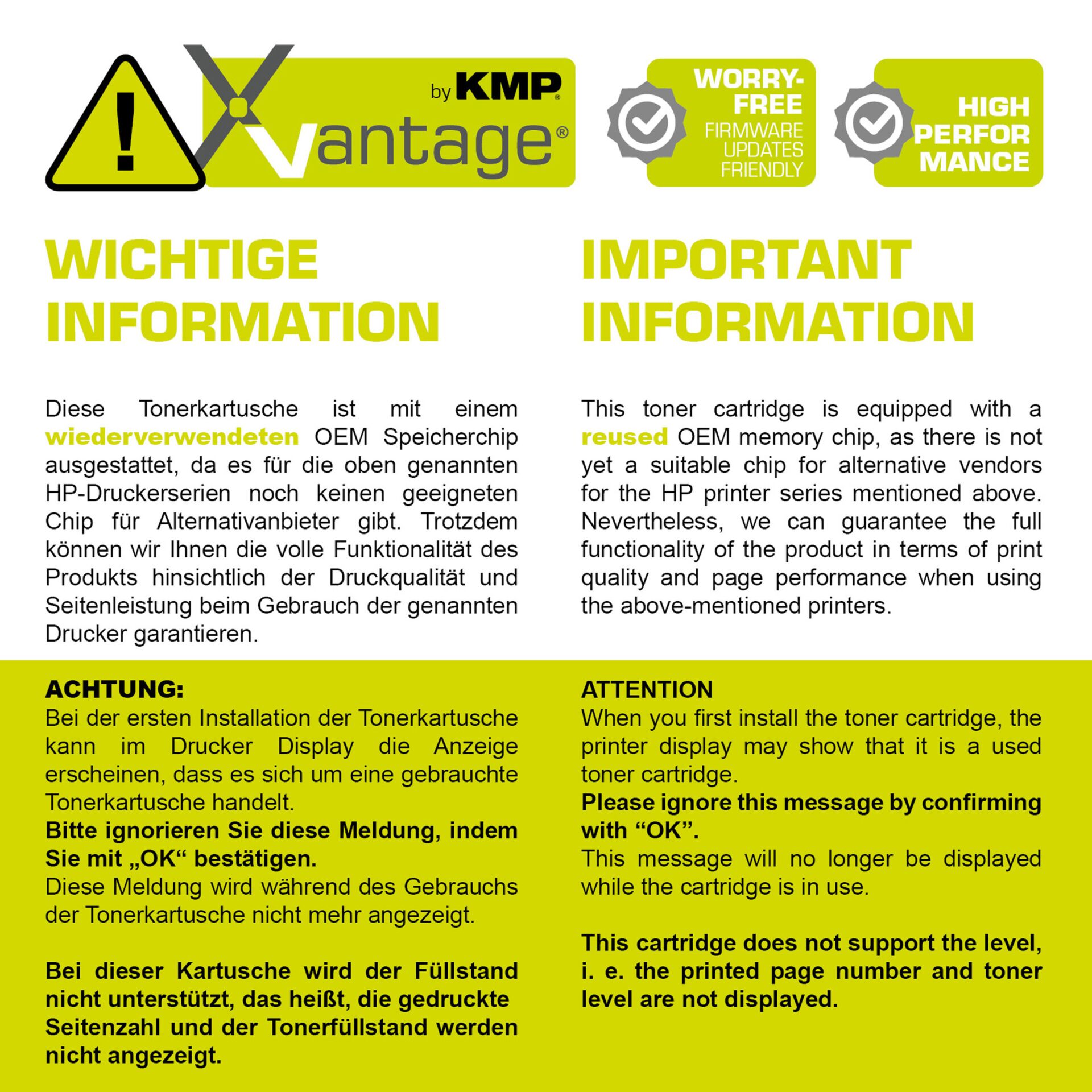 Tonerpatrone, Warnsymbol, gelbes Panel, Anleitungstext, OEM-Speicherchip